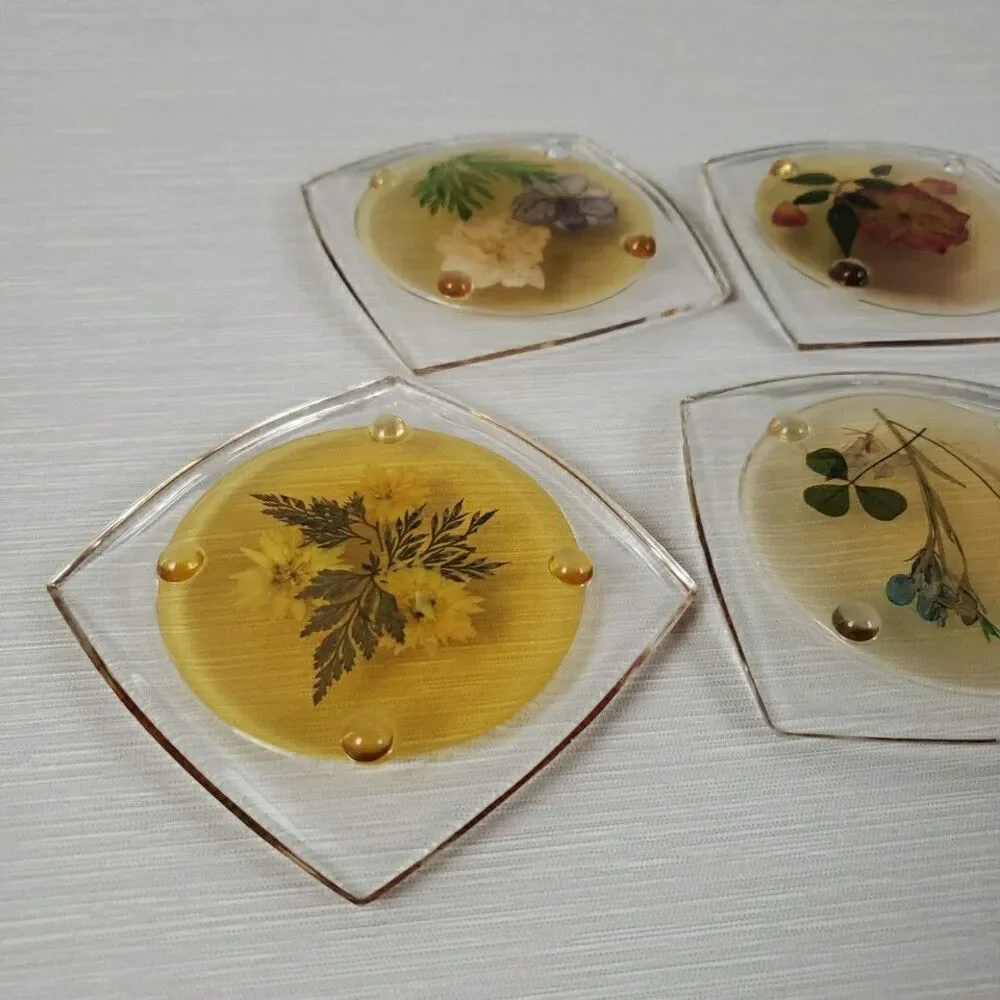 VTG 5 Clear Lucite Acrylic Coasters Pressed Flowers Clover Romantic Cottage MCM